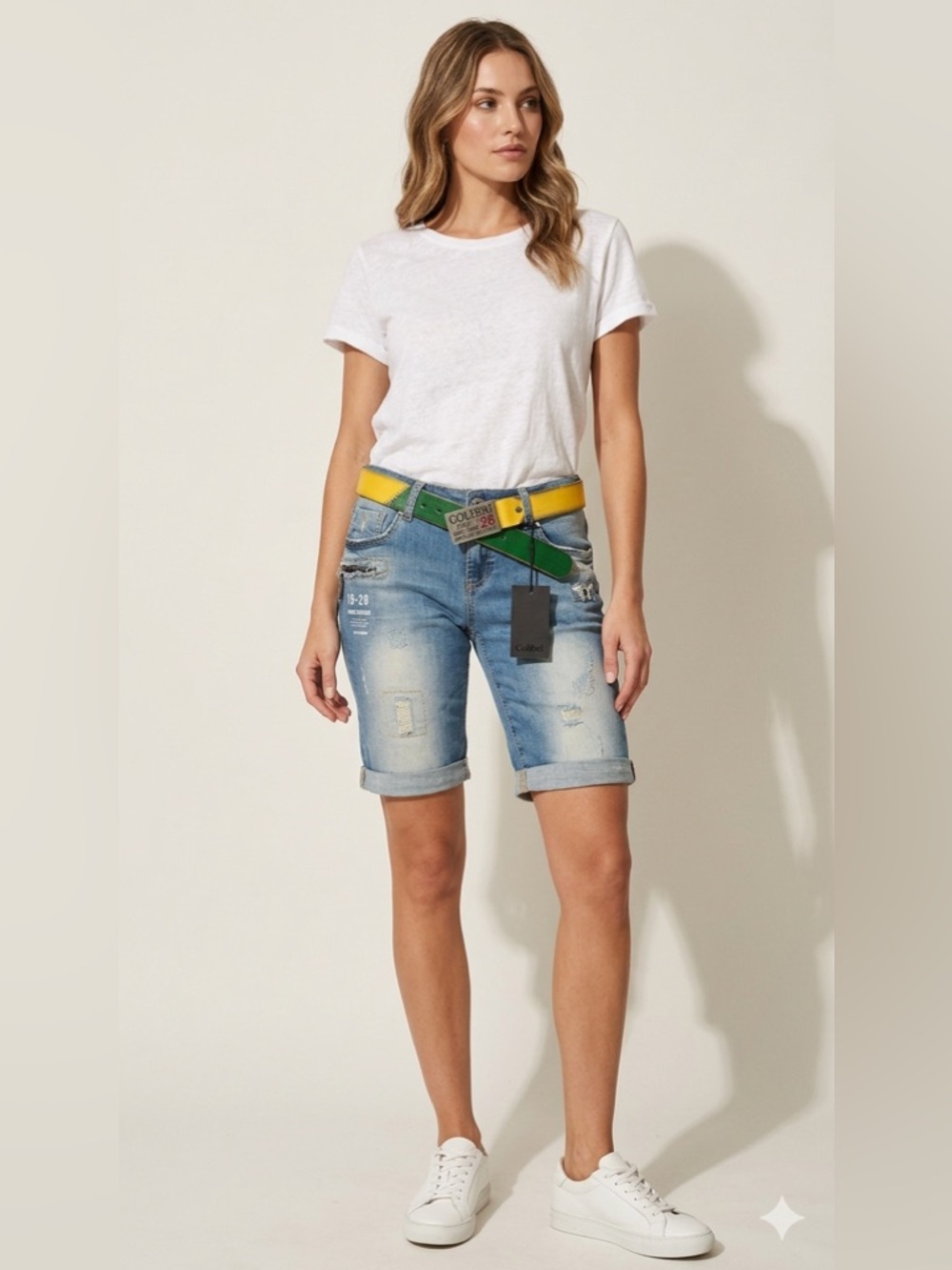 NWT Colibri Distressed Denim with Yellow & Green Belt Bermuda Shorts Size 27